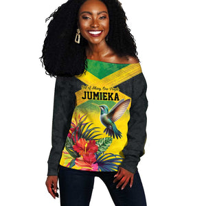Personalized Black Jamaicans Hummingbird Off Shoulder Sweater Tropical Flowers Grunge Flag - African Pride