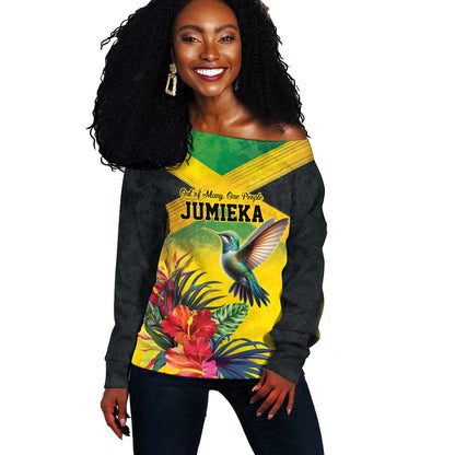 Personalized Black Jamaicans Hummingbird Off Shoulder Sweater Tropical Flowers Grunge Flag - African Pride