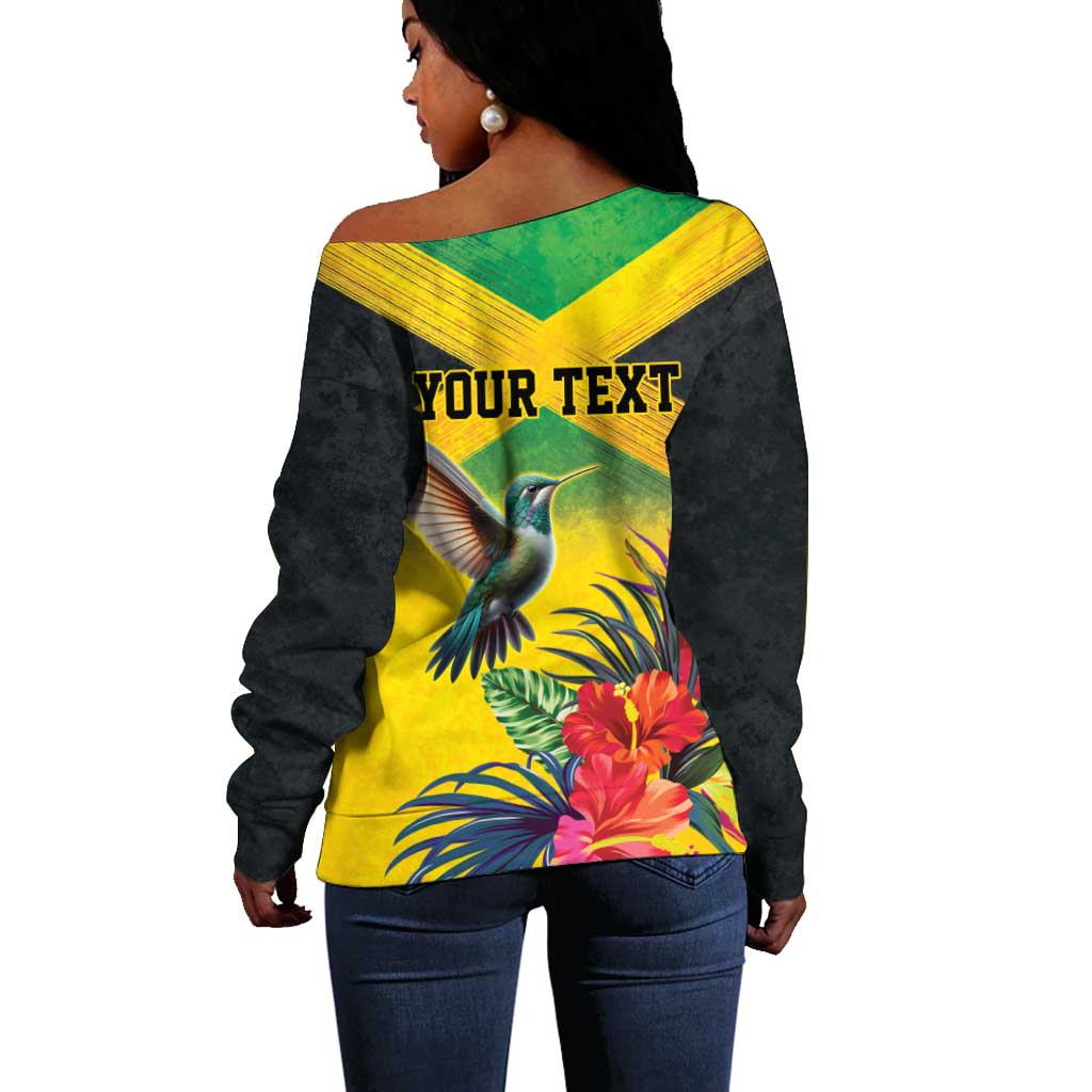 Personalized Black Jamaicans Hummingbird Off Shoulder Sweater Tropical Flowers Grunge Flag - African Pride
