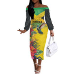 Personalized Black Jamaicans Hummingbird Off The Shoulder Long Sleeve Dress Tropical Flowers Grunge Flag - African Pride