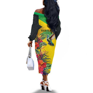 Personalized Black Jamaicans Hummingbird Off The Shoulder Long Sleeve Dress Tropical Flowers Grunge Flag - African Pride