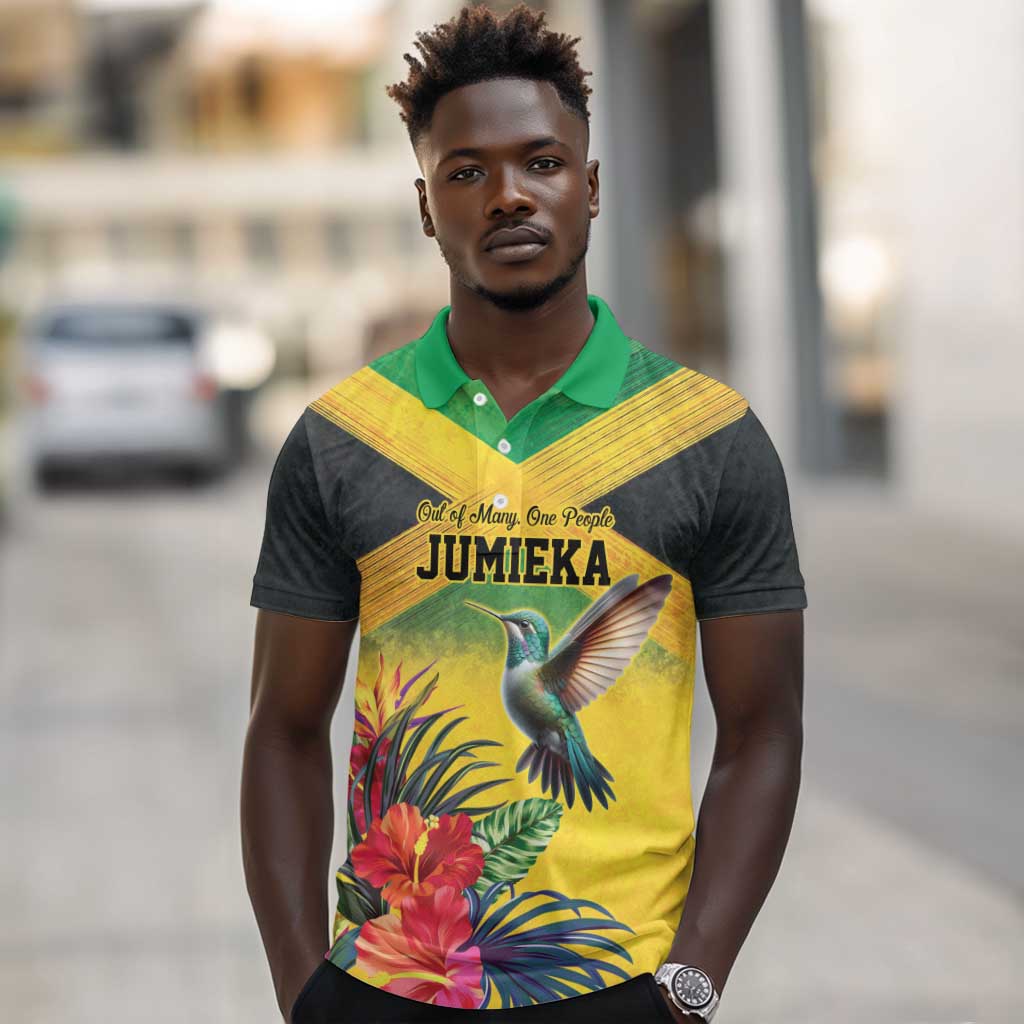 Personalized Black Jamaicans Hummingbird Polo Shirt Tropical Flowers Grunge Flag - African Pride