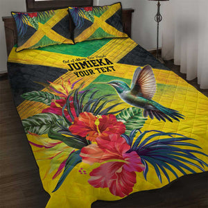 Personalized Black Jamaicans Hummingbird Quilt Bed Set Tropical Flowers Grunge Flag - African Pride