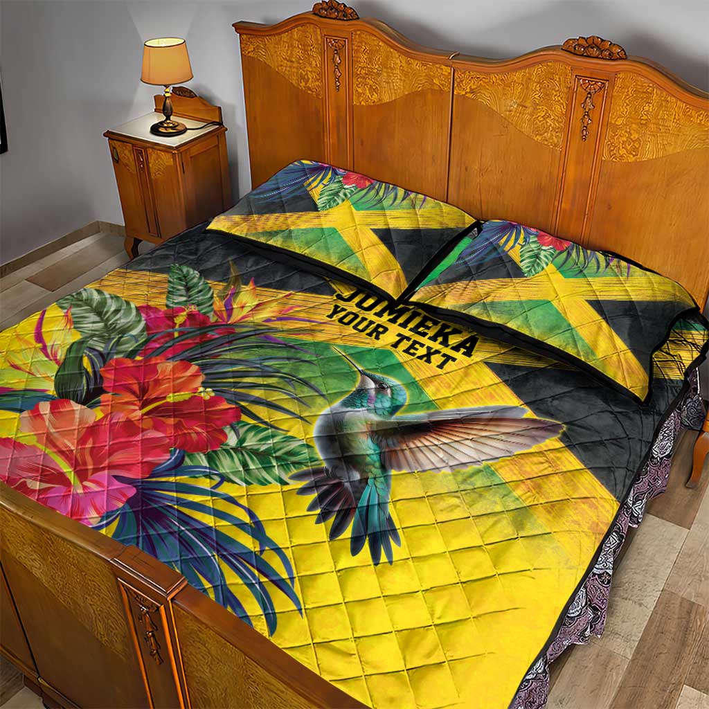 Personalized Black Jamaicans Hummingbird Quilt Bed Set Tropical Flowers Grunge Flag - African Pride