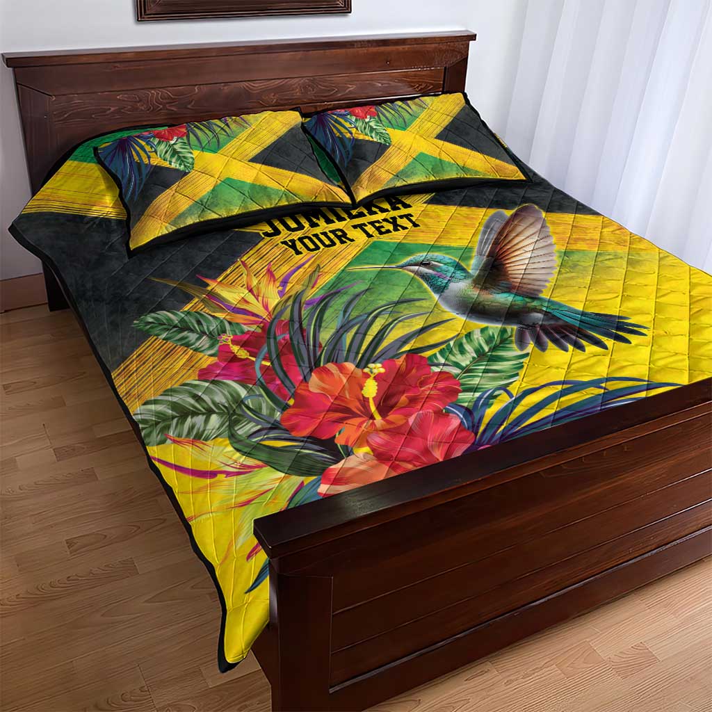 Personalized Black Jamaicans Hummingbird Quilt Bed Set Tropical Flowers Grunge Flag - African Pride