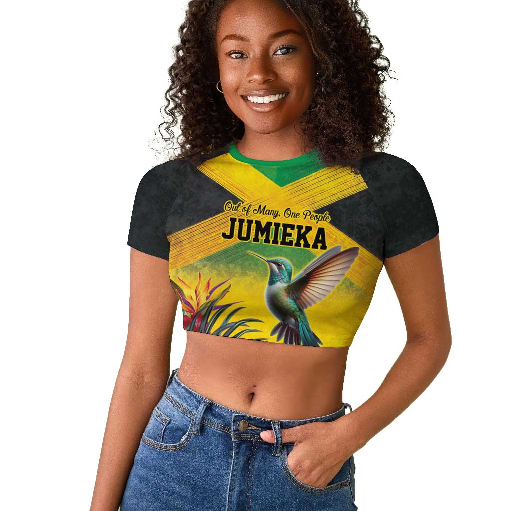 Personalized Black Jamaicans Hummingbird Raglan Cropped T shirt Tropical Flowers Grunge Flag - African Pride
