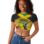 Personalized Black Jamaicans Hummingbird Raglan Cropped T shirt Tropical Flowers Grunge Flag - African Pride