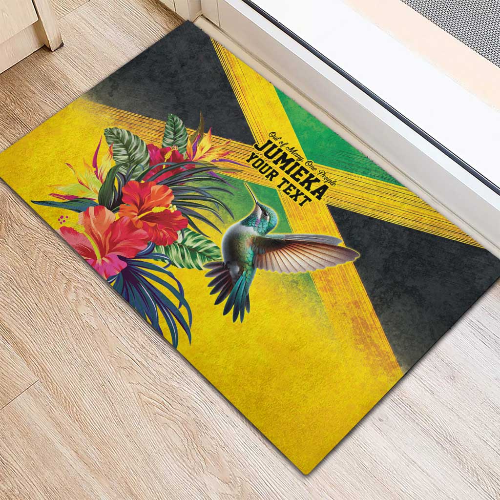 Personalized Black Jamaicans Hummingbird Rubber Doormat Tropical Flowers Grunge Flag - African Pride