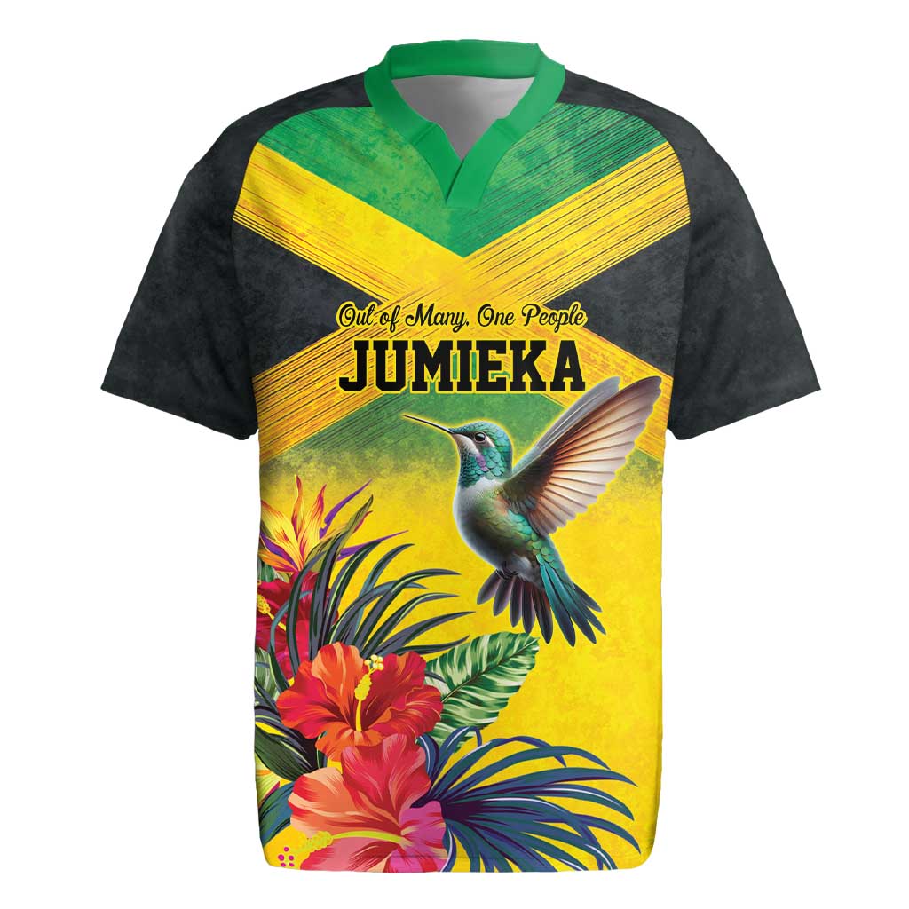 Personalized Black Jamaicans Hummingbird Rugby Jersey Tropical Flowers Grunge Flag - African Pride