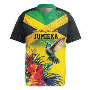 Personalized Black Jamaicans Hummingbird Rugby Jersey Tropical Flowers Grunge Flag - African Pride