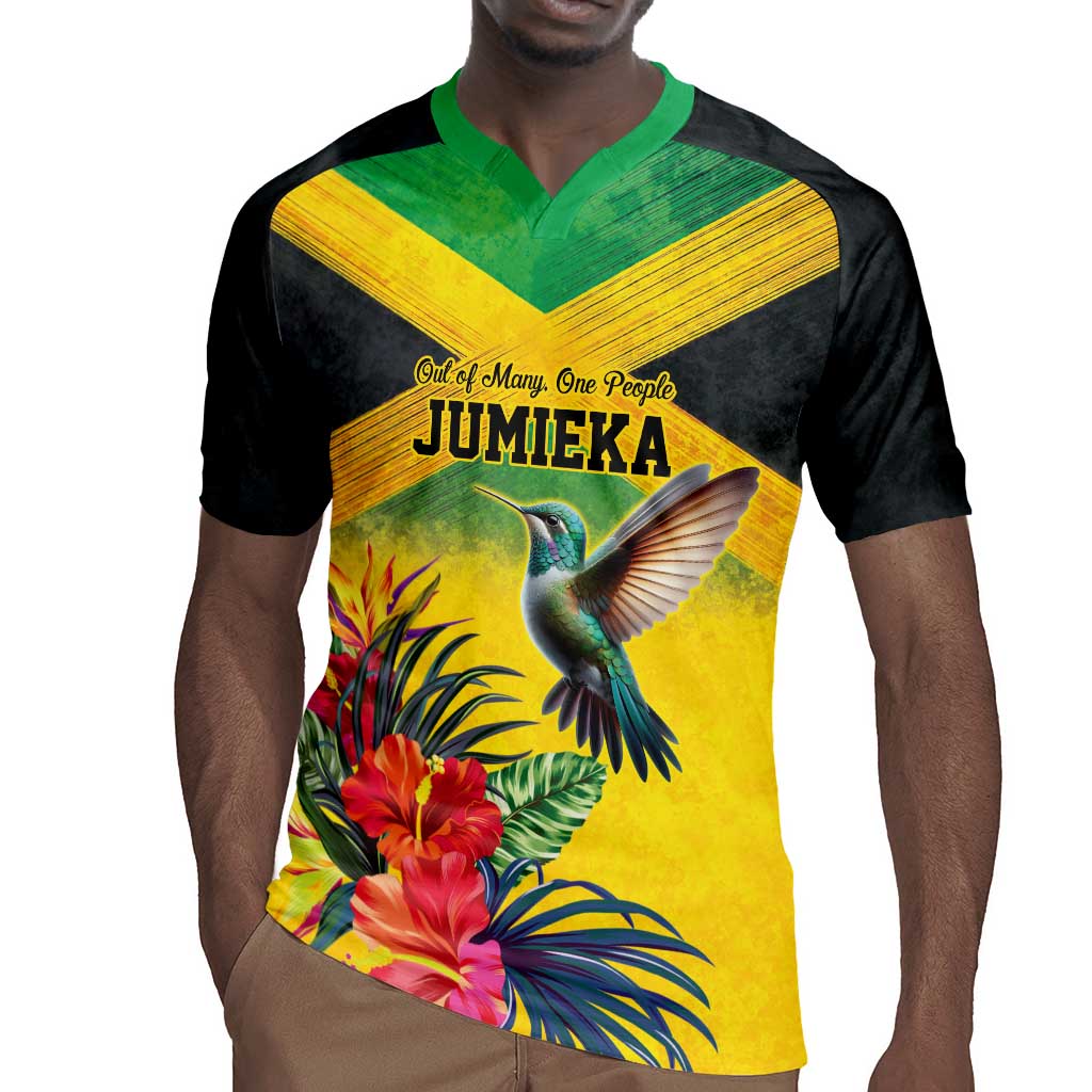 Personalized Black Jamaicans Hummingbird Rugby Jersey Tropical Flowers Grunge Flag - African Pride