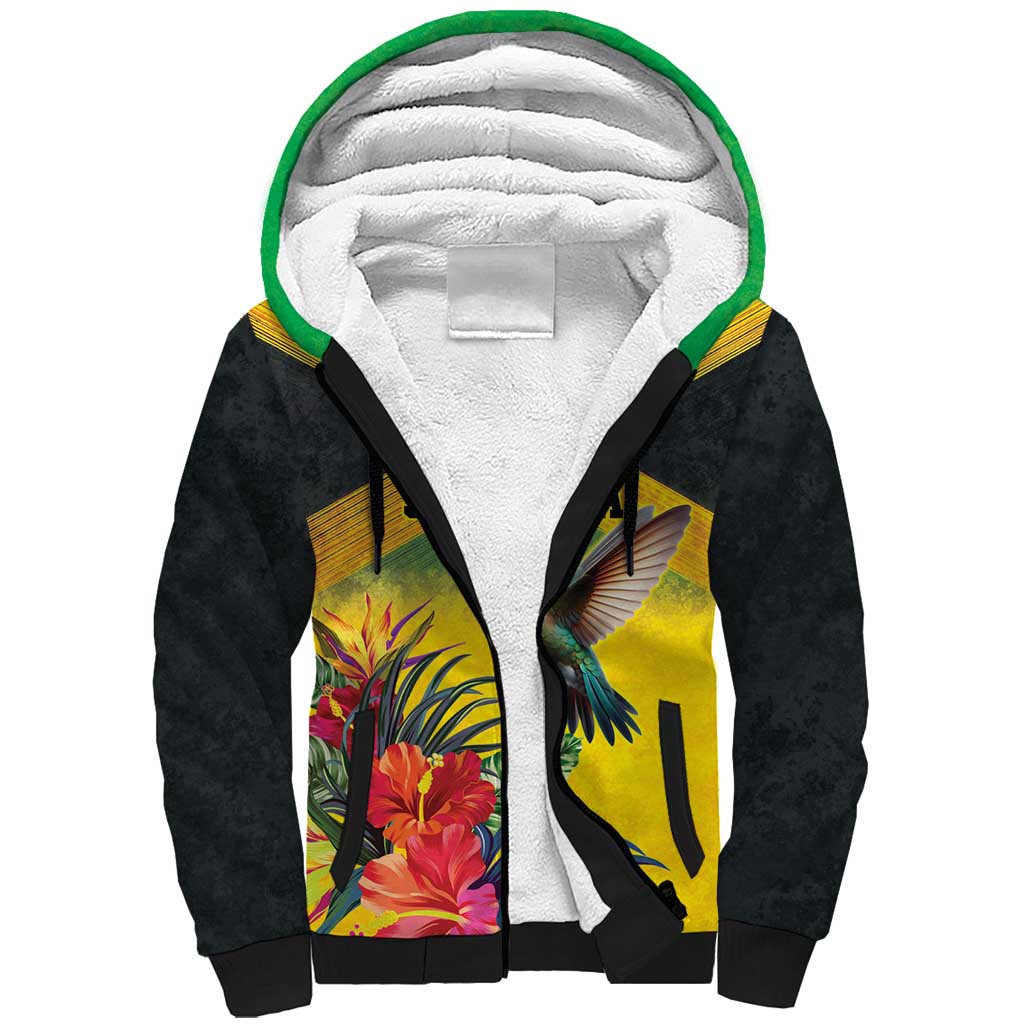Personalized Black Jamaicans Hummingbird Sherpa Hoodie Tropical Flowers Grunge Flag - African Pride