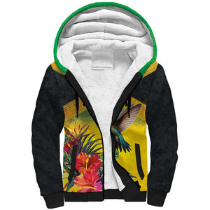 Personalized Black Jamaicans Hummingbird Sherpa Hoodie Tropical Flowers Grunge Flag - African Pride