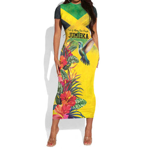Personalized Black Jamaicans Hummingbird Short Sleeve Bodycon Dress Tropical Flowers Grunge Flag - African Pride