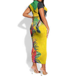 Personalized Black Jamaicans Hummingbird Short Sleeve Bodycon Dress Tropical Flowers Grunge Flag - African Pride