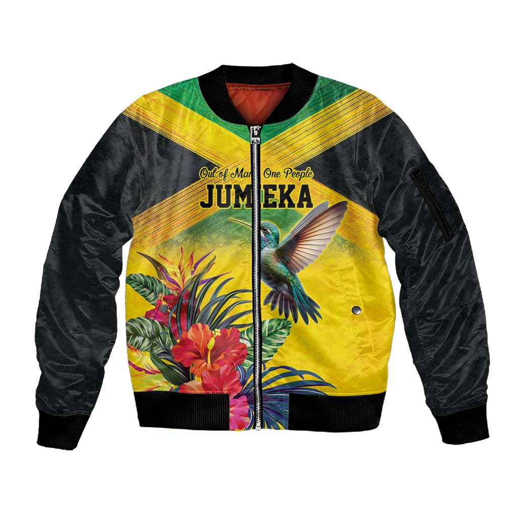Personalized Black Jamaicans Hummingbird Sleeve Zip Bomber Jacket Tropical Flowers Grunge Flag - African Pride