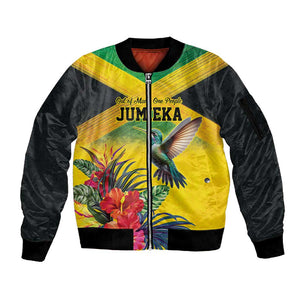 Personalized Black Jamaicans Hummingbird Sleeve Zip Bomber Jacket Tropical Flowers Grunge Flag - African Pride