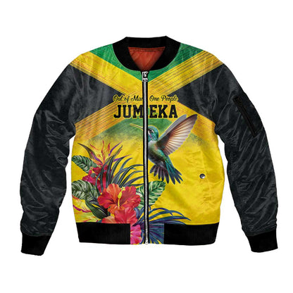 Personalized Black Jamaicans Hummingbird Sleeve Zip Bomber Jacket Tropical Flowers Grunge Flag - African Pride