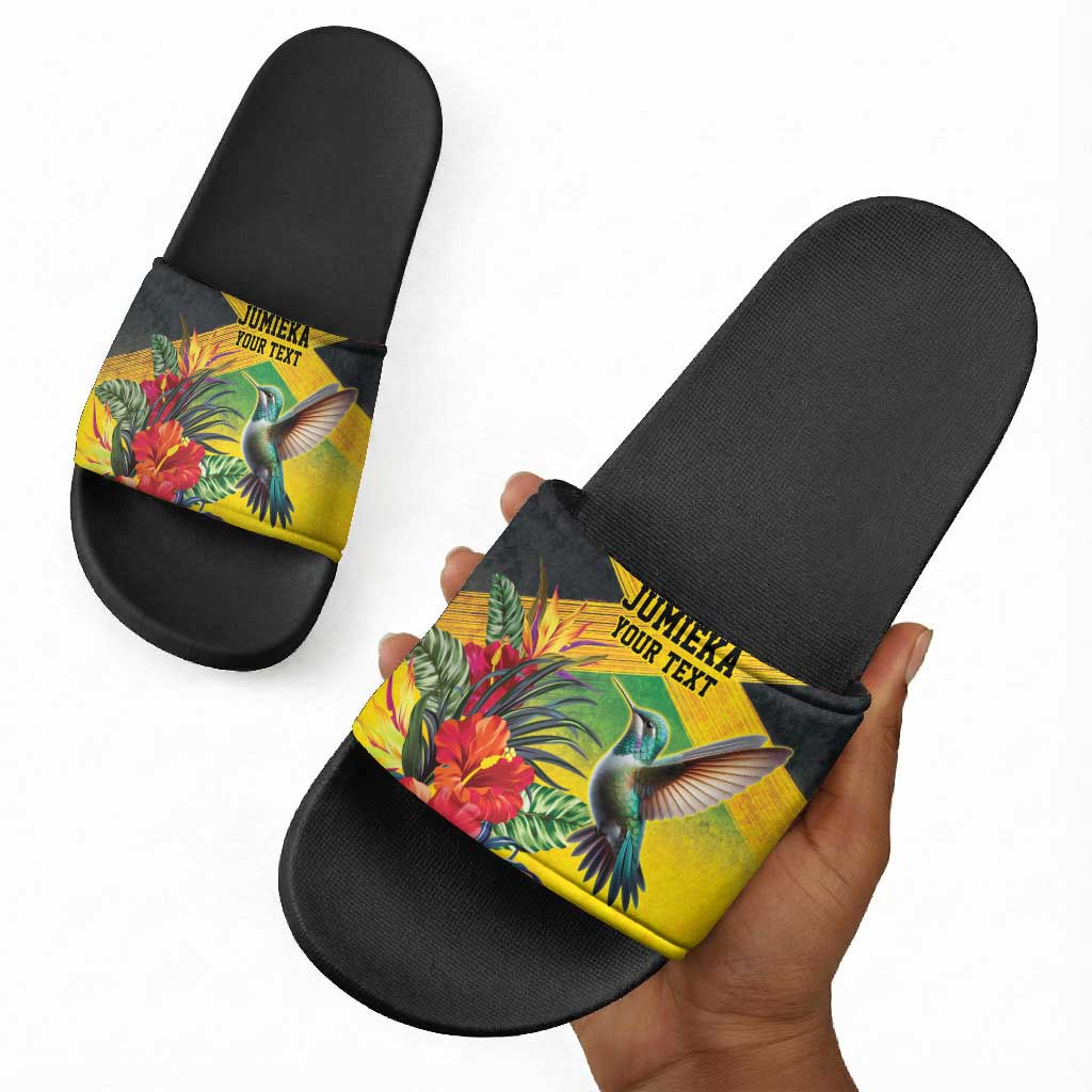 Personalized Black Jamaicans Hummingbird Slide Sandals Tropical Flowers Grunge Flag