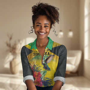 Personalized Black Jamaicans Hummingbird Women Casual Shirt Tropical Flowers Grunge Flag - African Pride