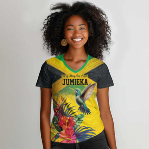 Personalized Black Jamaicans Hummingbird Women V-Neck T-Shirt Tropical Flowers Grunge Flag - African Pride
