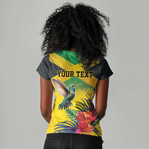 Personalized Black Jamaicans Hummingbird Women V-Neck T-Shirt Tropical Flowers Grunge Flag - African Pride
