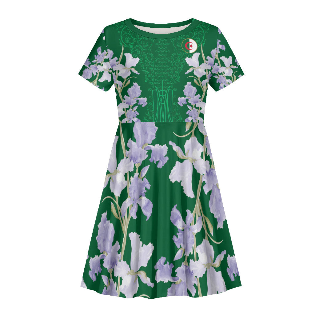 Custom Algeria Iris Floral Green Kid Short Sleeve Dress Africa Women’s Football Champion Series 2026