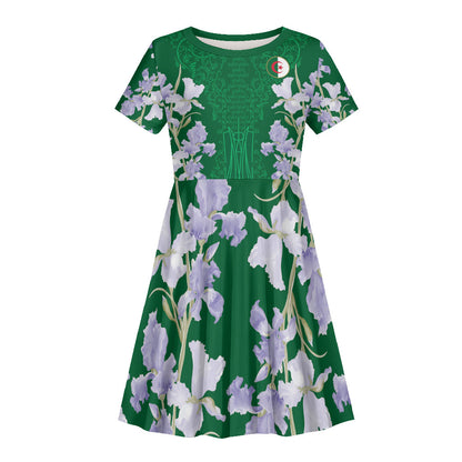 Custom Algeria Iris Floral Green Kid Short Sleeve Dress Africa Women’s Football Champion Series 2026