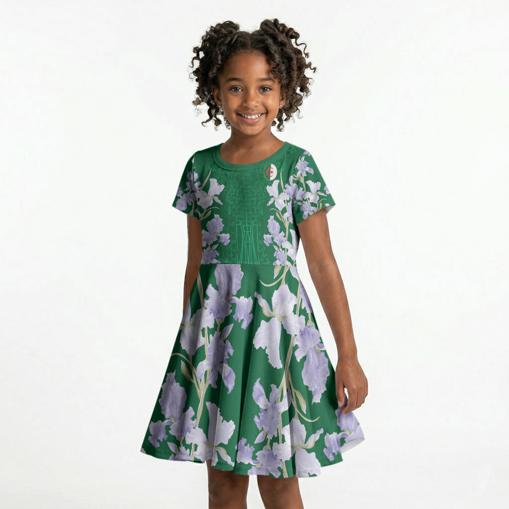 Custom Algeria Iris Floral Green Kid Short Sleeve Dress Africa Women’s Football Champion Series 2026