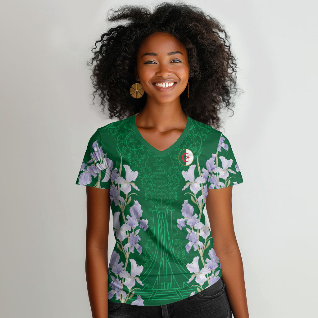Custom Algeria Iris Floral Green Women V-Neck T-Shirt Africa Women’s Football Champion Series 2026