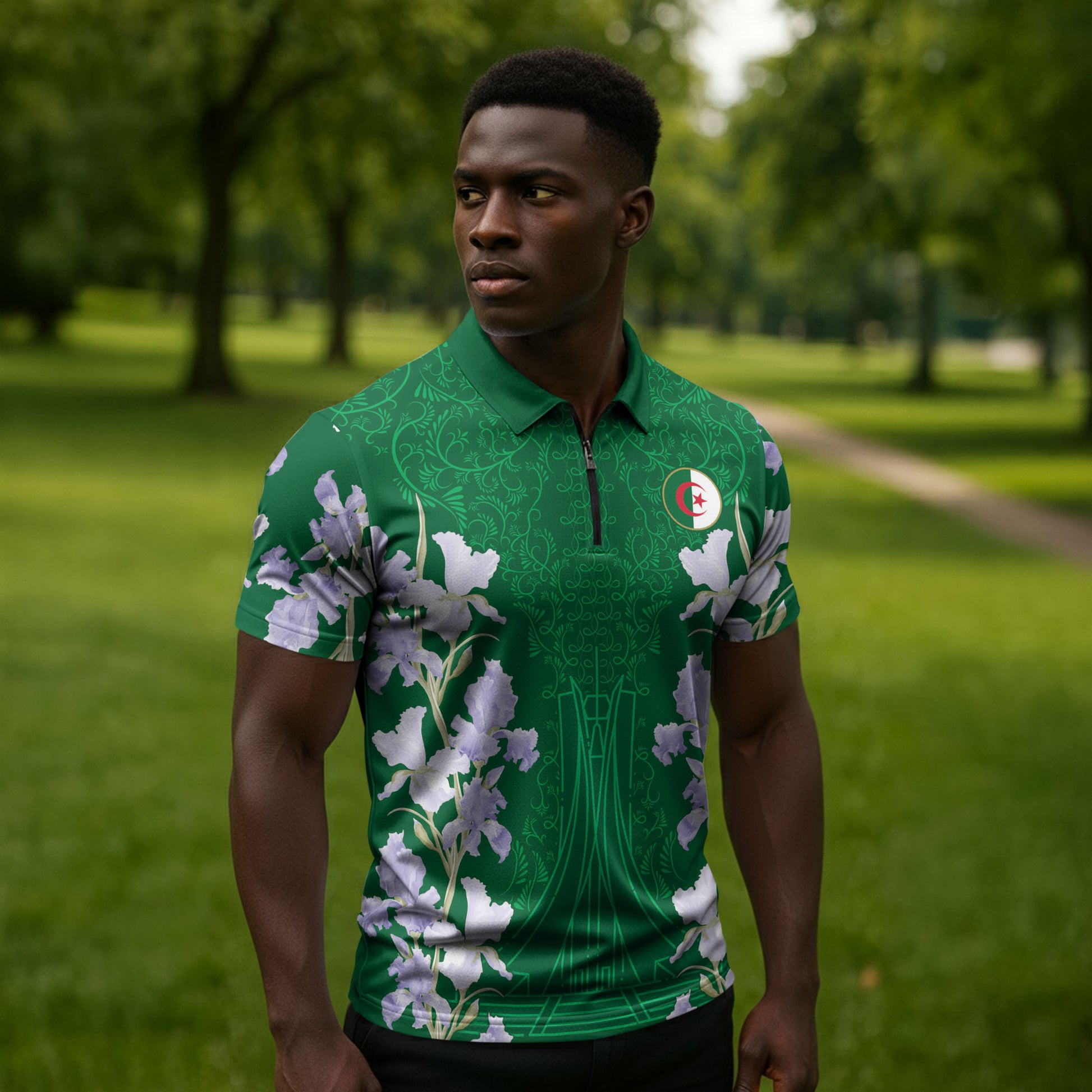 Custom Algeria Iris Floral Green Zipper Polo Shirt Africa Women’s Football Champion Series 2026