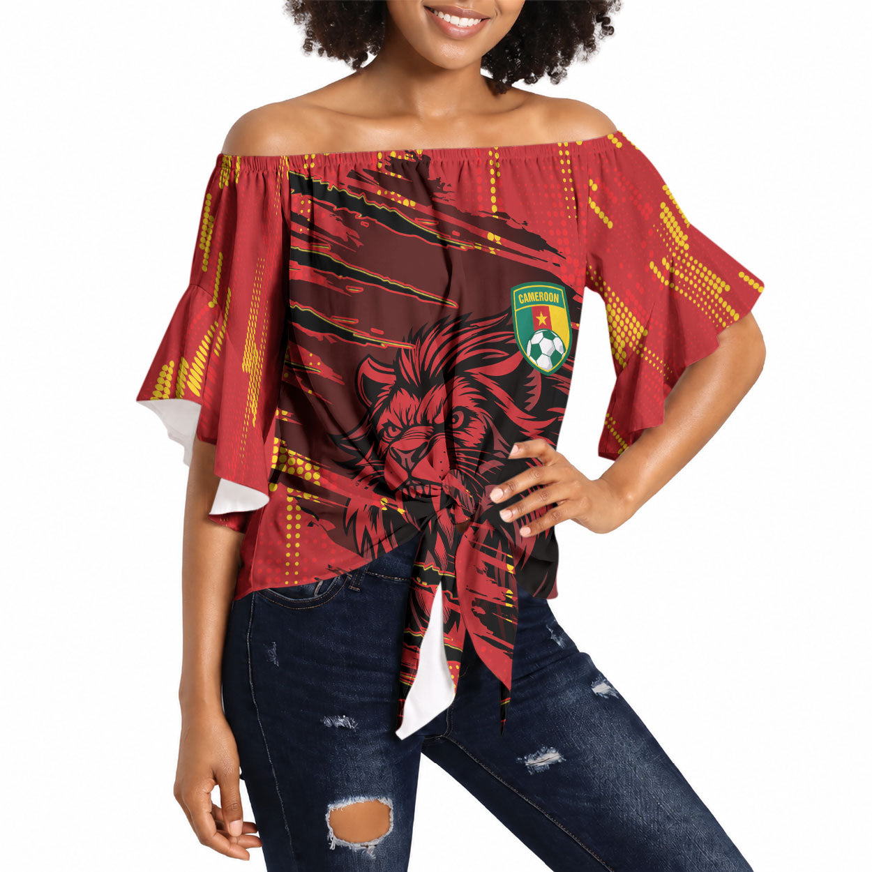 Custom Cameroon Red Lion Off Shoulder Wrap Waist Top Africa Football Champion Series 2026