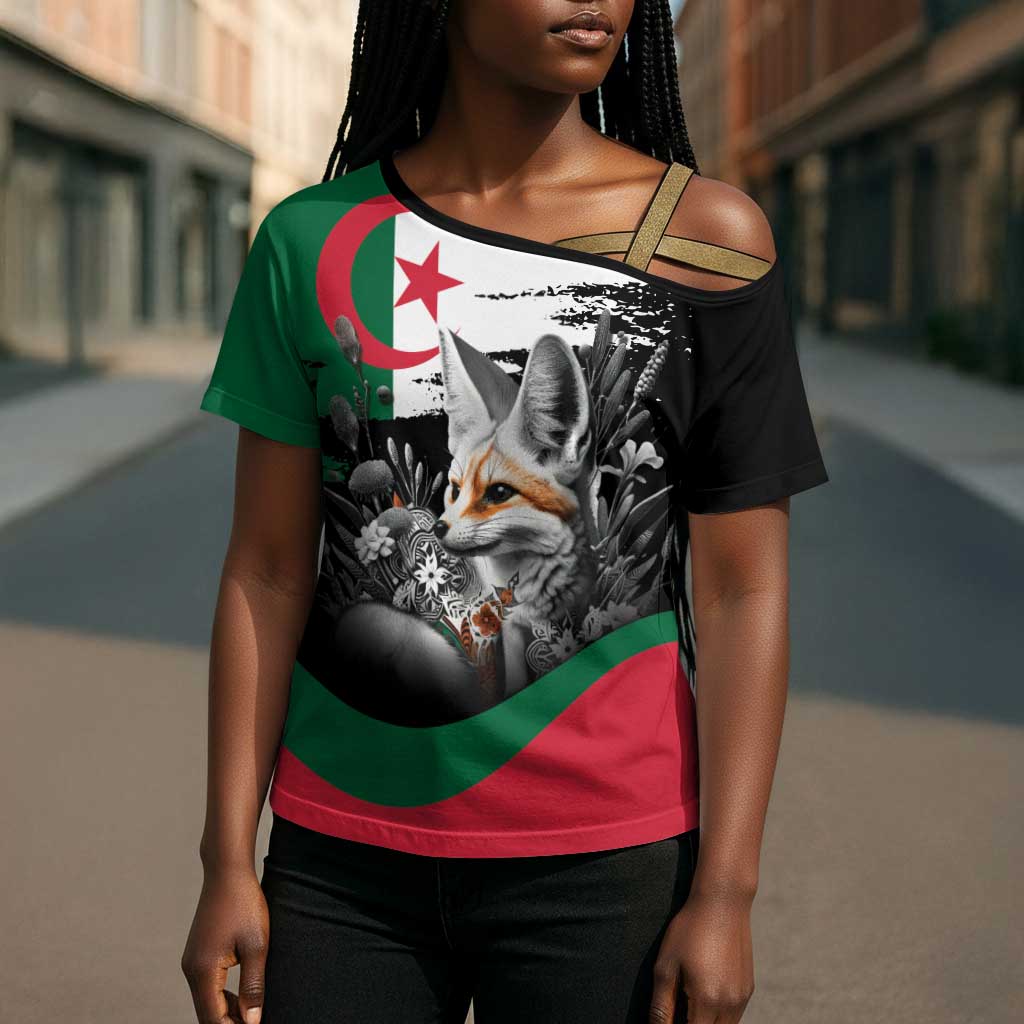 Personalized Algeria Cross Shoulder Shirt Algerian Flag With a Fennec Fox - African Pride