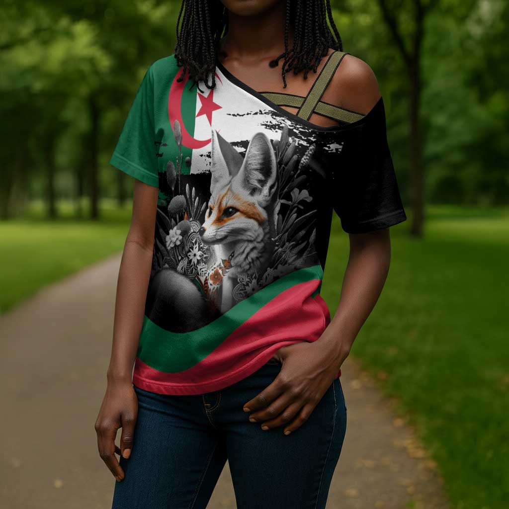 Personalized Algeria Cross Shoulder Shirt Algerian Flag With a Fennec Fox - African Pride