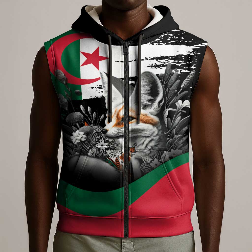 Personalized Algeria Sleeveless Zip Hoodie Algerian Flag With a Fennec Fox - African Pride