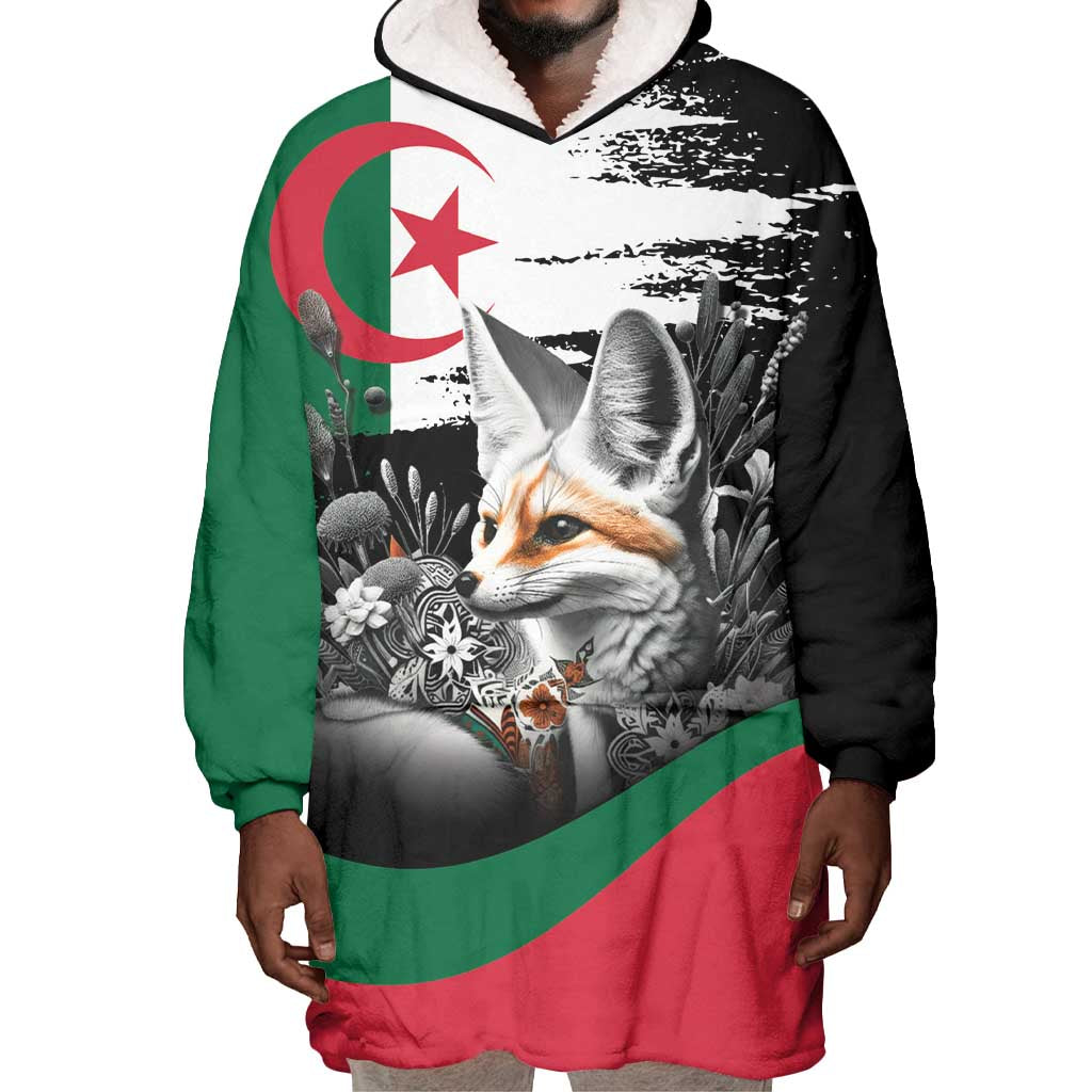 Personalized Algeria Wearable Blanket Hoodie Algerian Flag With a Fennec Fox - African Pride