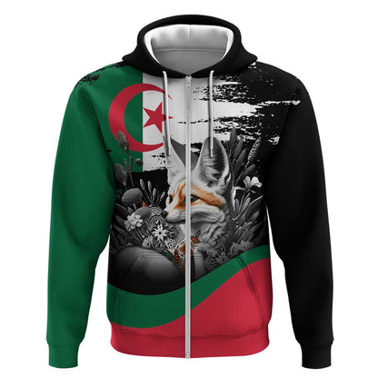 Personalized Algeria Zip Hoodie Algerian Flag With a Fennec Fox - African Pride