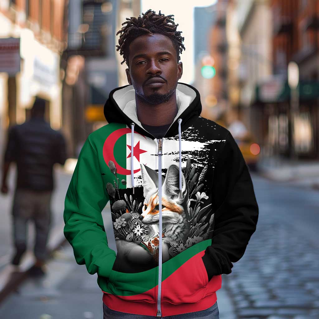 Personalized Algeria Zip Hoodie Algerian Flag With a Fennec Fox - African Pride