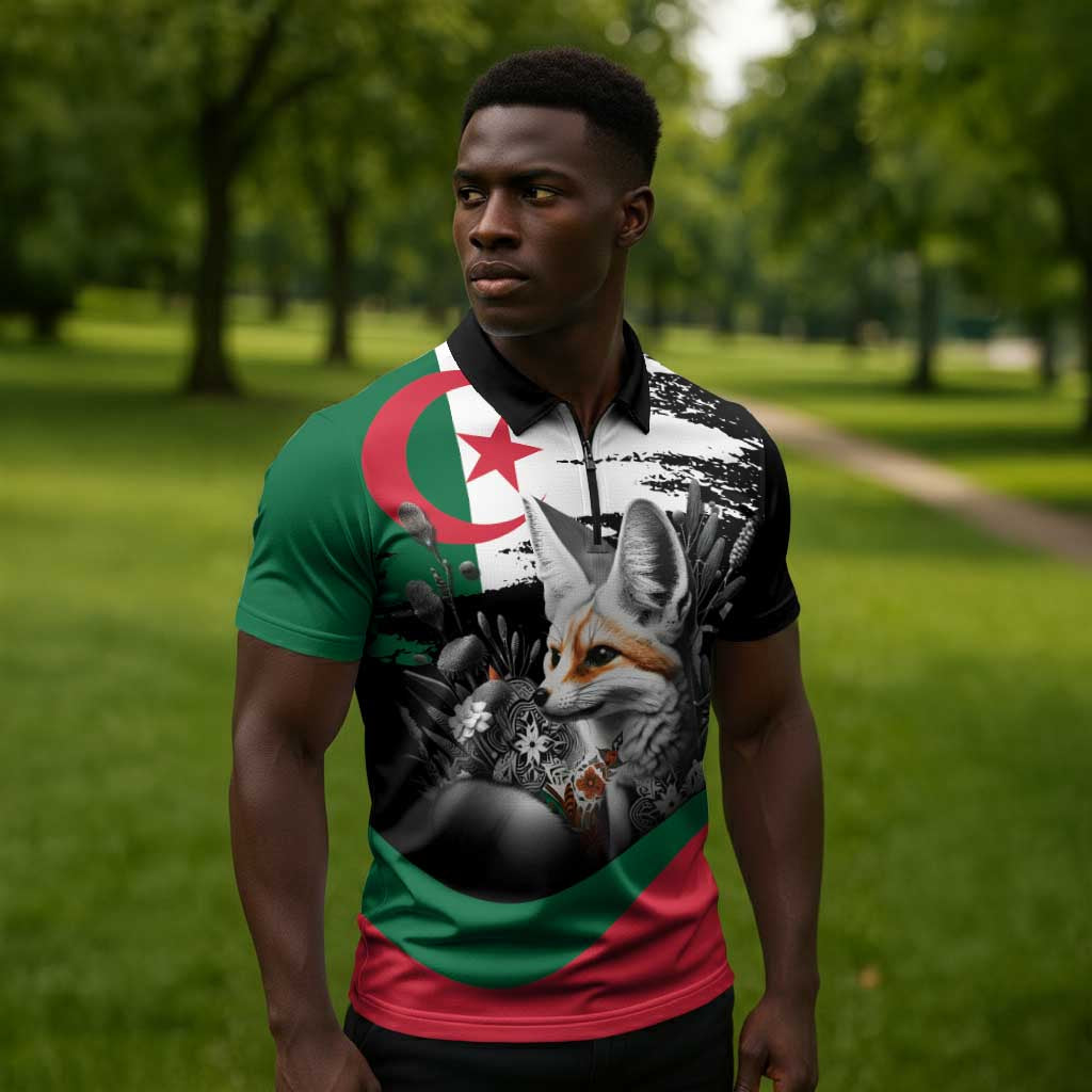 Personalized Algeria Zipper Polo Shirt Algerian Flag With a Fennec Fox - African Pride