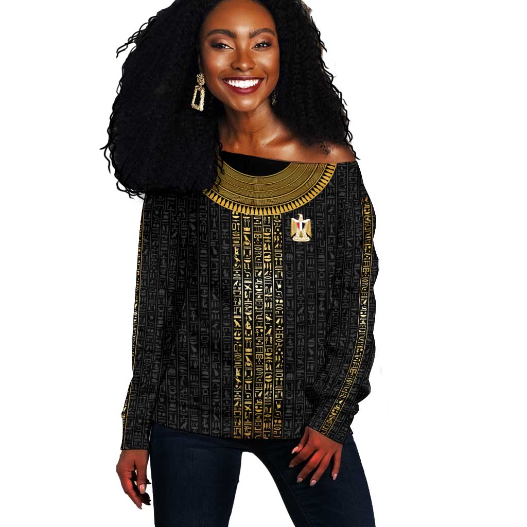 World Football 2026 Egypt Custom Off Shoulder Sweater Ancient Egyptian Hieroglyphs - African Pride