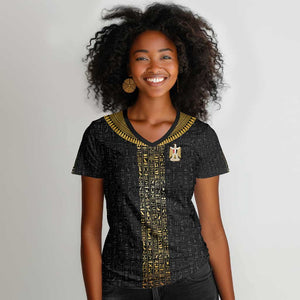 World Football 2026 Egypt Custom Women V-Neck T-Shirt Ancient Egyptian Hieroglyphs - African Pride