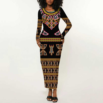 Bamenda Toghu Long Sleeve Bodycon Dress Traditional Attire Pattern