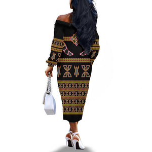 Bamenda Toghu Off The Shoulder Long Sleeve Dress Traditional Attire Pattern