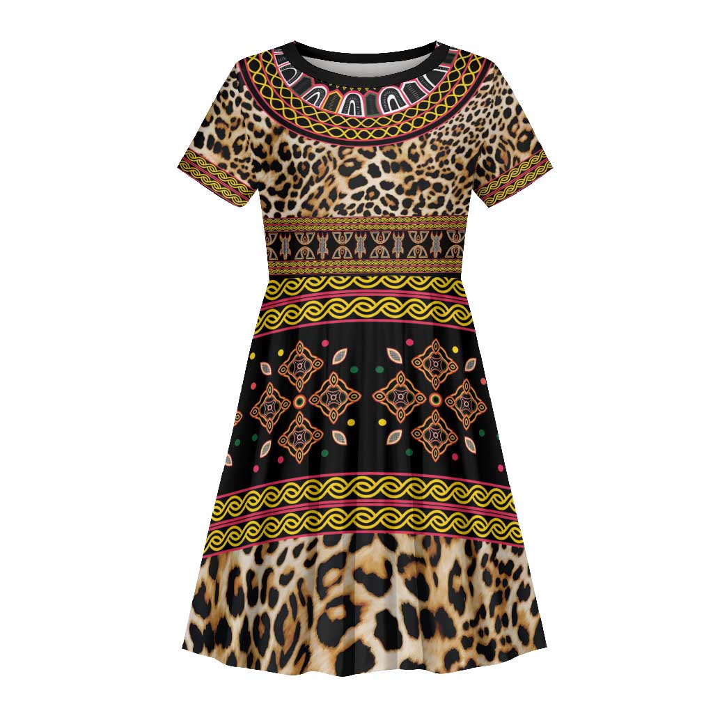 Cameroon Cheetah Toghu Pattern Kid Short Sleeve Dress