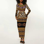 Cameroon Cheetah Toghu Pattern Long Sleeve Bodycon Dress