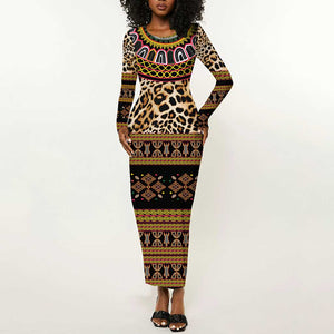 Cameroon Cheetah Toghu Pattern Long Sleeve Bodycon Dress
