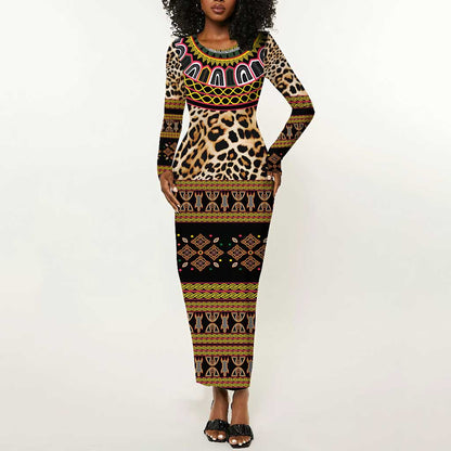 Cameroon Cheetah Toghu Pattern Long Sleeve Bodycon Dress