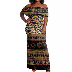 Cameroon Cheetah Toghu Pattern Off Shoulder Maxi Dress