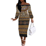Cameroon Cheetah Toghu Pattern Off The Shoulder Long Sleeve Dress