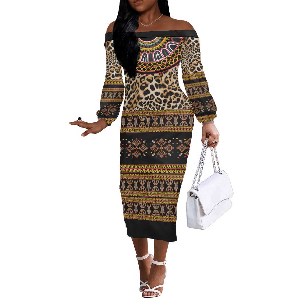 Cameroon Cheetah Toghu Pattern Off The Shoulder Long Sleeve Dress